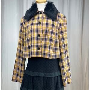 CAPULET Yellow Navy Plaid Jacket Faux‎ Fur Collar Womens (M) Button Lined Crop